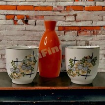 Set Vintage Japanese Tea/Sake Cups Retro Floral Okura Art &amp; Orange Takah... - £11.58 GBP