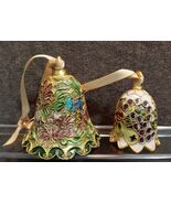 Vintage Cloisonne Enamelware Christmas Bells Ornament Floral 2pc Set - $636.44 MXN