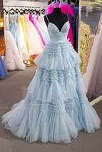 Elegant Light Blue Slit Tulle Long Prom Dress,Ruffled Formal Dresses - £174.25 GBP