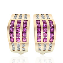 0.90 Carat Ruby &amp; Diamond Hoop Huggy Earrings 14K Yellow Gold - £433.91 GBP