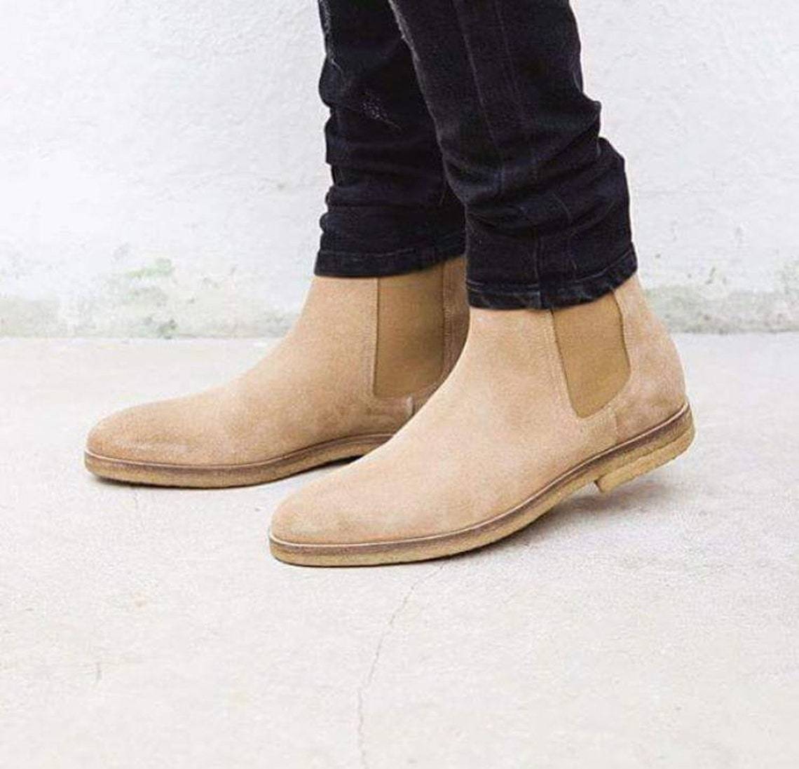 New Pure Handmade Beige Suede Leather Chelsea Boot For Men's - Men