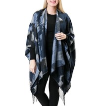 Southwest Print Fringe Wrap Shawl Ruana Dark Blue - £22.94 GBP