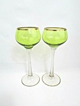 Vintage Crystal Green Stemware With Clear Stems Gold Trim. 5-6 oz. Set of 2 - $29.70