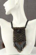 Artisan Jewelry Beaded WICCA Amulet Bag Black &amp; Brown Necklace Liz Schwartz - £40.91 GBP