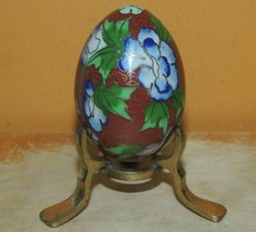 Cloisonné Egg 2.5&quot; Stand Cloisonne Floral Brown Blue Enamel Brass China ... - $22.49