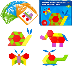 155 PCS Wooden Pattern Blocks Set, 24 Double-Sided Design Cards(48 Patterns) Geo - $15.13