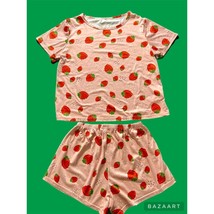 Strawberry Print Short Sleeve Pajama Shorts And Tee Set Spring - $16.82