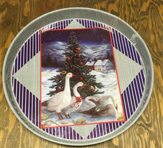 Vintage round metal Christmas tray with white geese country holiday decor  - $19.75