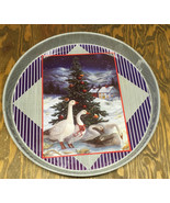 Vintage round metal Christmas tray with white geese country holiday decor  - $19.75