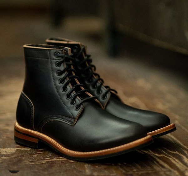 Black Color Genuine Leather High Ankle Oxford Men Lace Up Tan Sole Vintage Boots