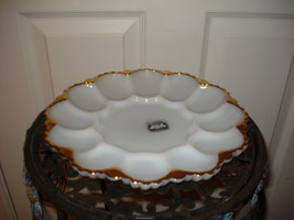 Vintage Anchor Hocking Milk White 12 Egg Dish 10" Gold Trim with Original Box  - $27.00