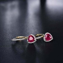 2.00Ct Heart Cut Simulated Ruby Drop &amp; Dangle Earrings 14k Yellow Gold Plated - £95.91 GBP