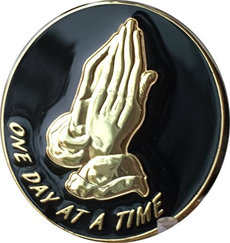 Praying Hands One Day at A Time Black Gold Plated Medallion Chip Serenity Prayer