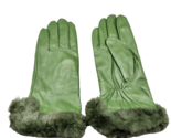 Paris Green Leather Gloves Faux Fur Cuff Women&#39;s Size 8 Lined 10.25&quot; - $24.18