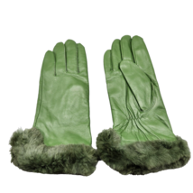Paris Green Leather Gloves Faux Fur Cuff Women&#39;s Size 8 Lined 10.25&quot; - £18.91 GBP