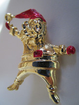 Vintage Christmas Pin Brooch, Waving Santa In Gold Tone Metal Red Accents - £5.18 GBP