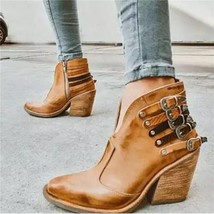 Punk Women Boots Female Autumn Winter PU Leather Cowboy Ankle Boots Buckle Women - £40.27 GBP