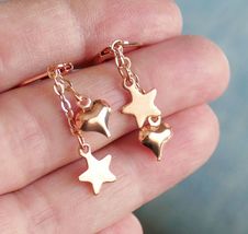 Asymmetric Stainless Steel Star and Heart Dangle Earrings with Rose Gold Accents - £13.46 GBP