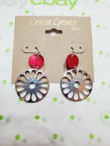 Erica Lyons Silver Tone French Wire Dangle Drop Earrings Silver W Pink Circles - £11.34 GBP