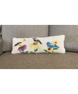 Hooked Wool Lumbar Pillow  Birds flowers 23” X 8” Cottagecore Chandler - $44.55