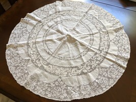 VTG Tablecloth Centerpiece  Dresser White Cotton lace round  31&quot; cut out lace - £20.68 GBP