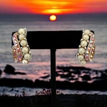 LEDO Crystal Earrings Clip On AB Pink Beaded White Washed Metal Vintage ... - £17.76 GBP