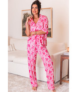 Pink Bow Knot Print Lapel Collar Short Sleeve and Pants Pajamas Set - $54.29 CAD