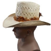 VTG Resistol Stagecoach Straw Cowboy Hat Self Conforming 6 7/8&quot; Western Feathers - £33.05 GBP