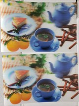 Set Of 2 Same 3D Plastic Placemats 11&quot;x17&quot;,TEA Cup,Teapot,Cheesecake &amp;Oranges,Di - £10.31 GBP