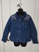 New NWOT Woman Within Button Up Jacket Womens 12W Blue Floral Denim Stretch - $19.79