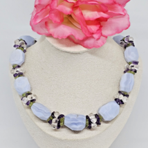 Blue Lace Agate Amethyst Peridot &amp; Crystal Beaded Choker Necklace 925 Silver - £27.61 GBP