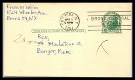1951 US Postal Card - New York, NY Bronx Central Sta, to Bangor, Maine &quot;2&quot; A26 - £2.32 GBP
