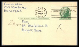 1951 US Postal Card - New York, NY Bronx Central Sta, to Bangor, Maine &quot;2&quot; A26 - £2.20 GBP