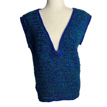 Vintage Handmade Knit Sweater Vest M Blue Green Sleeveless V Neck Soft Yarn - £18.44 GBP