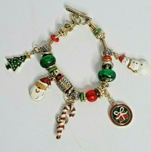 Christmas Enameled Charm Bracelet 7.5&quot; Tree Santa Snowman Candy Cane Present - £11.15 GBP