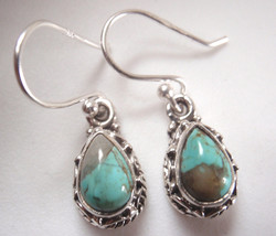 Dainty Small Turquoise 925 Sterling Silver Earrings Rope Style Accents 619ja - £21.57 GBP