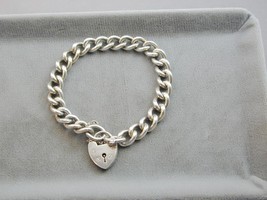 Antique Sterling Curb Link Bracelet Figural Working Heart Lock Clasp 7.5... - $125.00