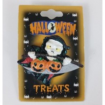 New Halloween Treats Grim Reaper With Jack O&#39;Lanterns Glitter Lapel Hat Pin - £5.07 GBP