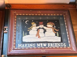 Hand Made Painted Wood Making New Friends Three Snowmen Christmas Holiday Pictur - £15.31 GBP