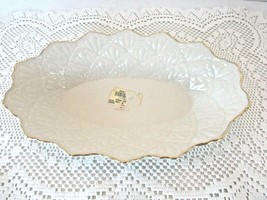 LENOX IVORY OVAL DISH JACQUARD 9.5&quot; EMBOSSED WITH GOLD RIM W/STICKER USA - $9.85
