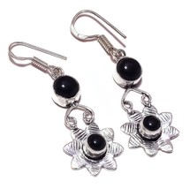 Black Onyx Round Gemstone 925 Silver Overlay Handmade Drop Dangle Flower... - $9.95