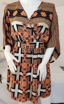 Geometric Print Kimono Sleeve V-Neck Mini Dress With Tie Waist By Peach ... - $17.00