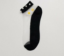 Handcrafted ~ Black ~ Embellished w/Pearls ~ Embroidered Daisy ~ Ankle Socks - £11.93 GBP