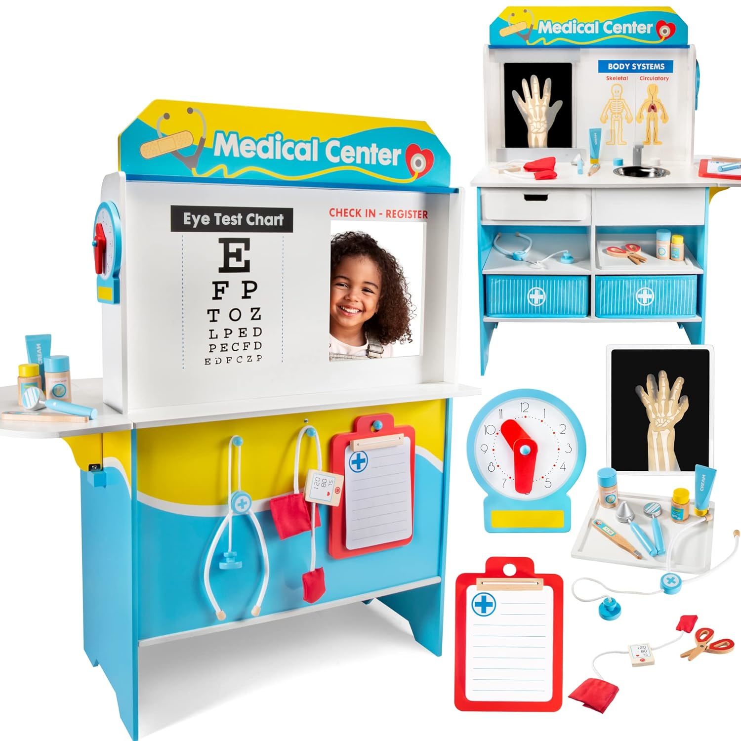 Get Well Doctor Wooden Activity Center - Kid's Pretend Play Medical Playset w 16