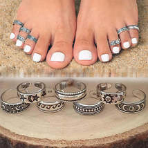 7pcs Retro Hollow Carved Star Moon Toe Rings Adjustable Opening Finger Ring Boho - £2.31 GBP