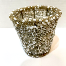 Vintage Votive or Tealight Candle Holder Glass Beaded Silver and White 3&quot; Tall - £9.81 GBP