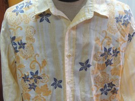 Men&#39;s LARGE Tommy Bahama Long Sleeve Shirt 100% Linen YELLOW BLUE floral stripe - £25.24 GBP