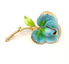 Gold Tone 2.5&quot; Long Stem Rose Pin Brooch Painted Blue and Green Vintage - READ - $9.88