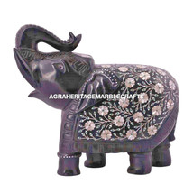 Black Marble Standing Elephant Figurine Mother of Pearl Inlay Stone Decor E39 - £865.26 GBP