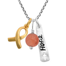 “Hope” Gold Ribbon Pink Stone Multi Charms Sterling Silver Necklace - £21.73 GBP